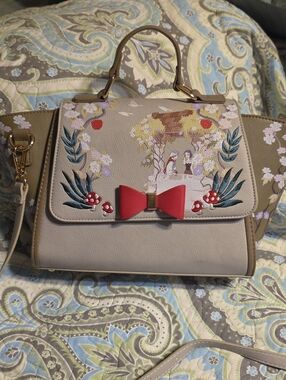 Disney snow white Designer-Inspired Beige Floral Satchel with Red Bow Accent